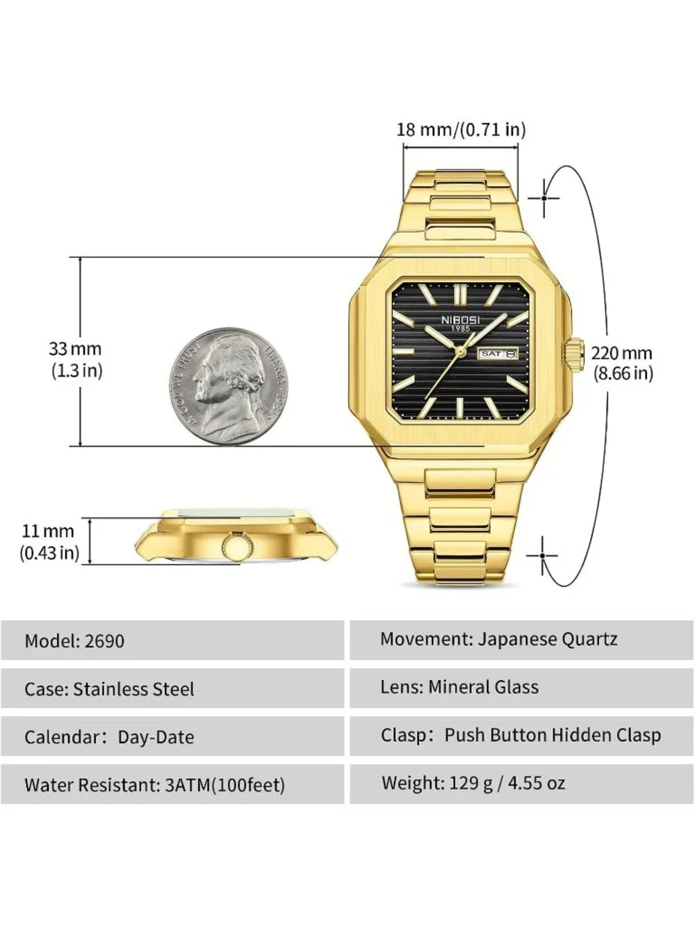 Men's Gold Black Square Analog Quartz Stainless Steel  Waterproof Wrist Watch